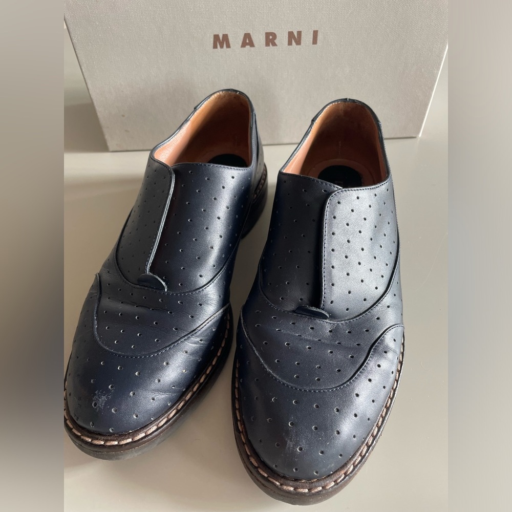 Marni Navy Perforated Leather Slip-On Loafers - Picture 3 of 5